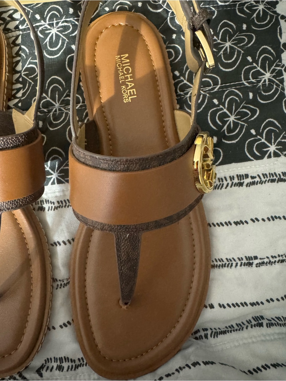 Michael Kors Tan and Dark Brown Leather T-Strap Sandals with Gold Logo